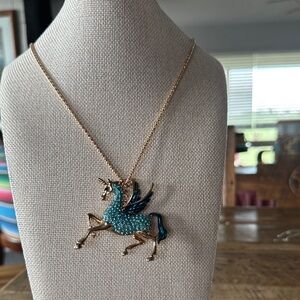 Betsey Johnson Gold Tone and Blue Crystal Unicorn Pendant Necklace and Pin